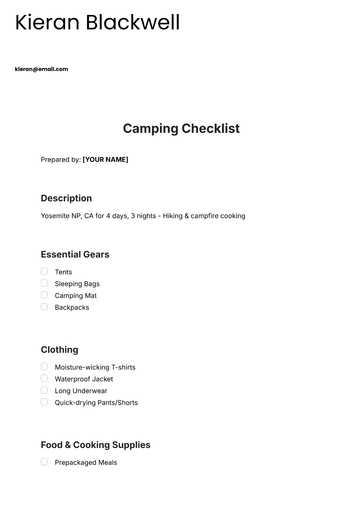 Free Camping Checklist Template to Edit Online | Template.net