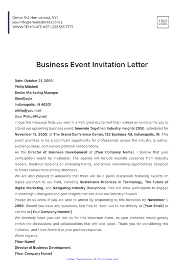 Free Business Event Invitation Letter Template to Edit Online