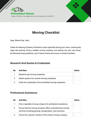 Free Moving Company Checklist Template to Edit Online