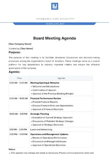 Free Board Meeting Agenda Template to Edit Online