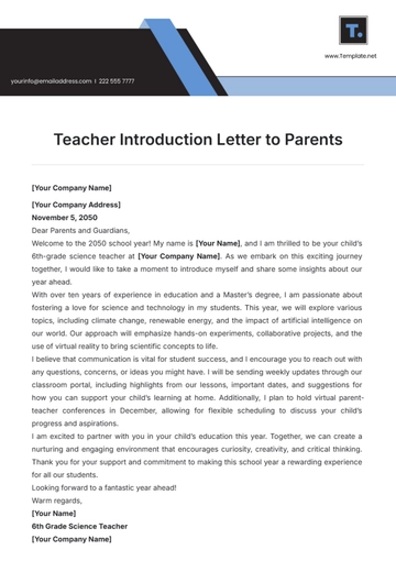 Free Teacher Introduction Letter to Parents Template to Edit Online
