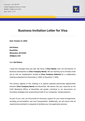 Free Business Invitation Letter for Visa Template to Edit Online