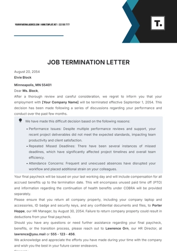 Free Job Termination Letter Template to Edit Online
