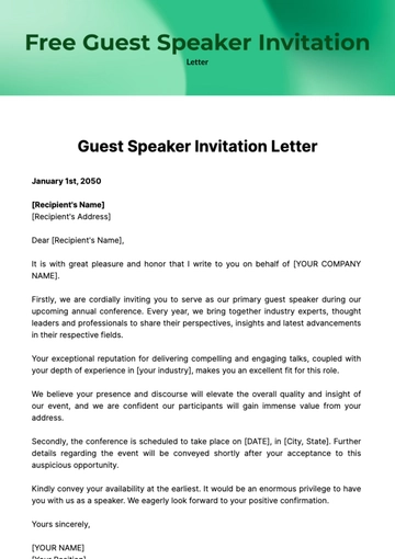 Free Guest Speaker Invitation Letter Template to Edit Online
