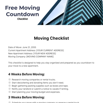 Free Moving Countdown Checklist Template to Edit Online