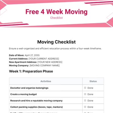 Free 4 Week Moving Checklist Template to Edit Online