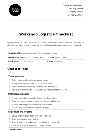 Free Workshop Logistics Checklist HR Template to Edit Online
