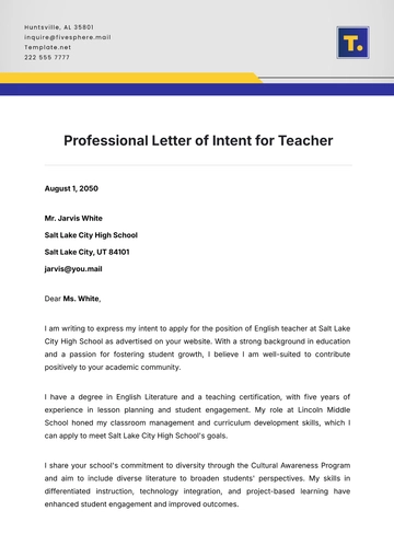 Free Professional Letter of Intent for Teacher Template to Edit Online