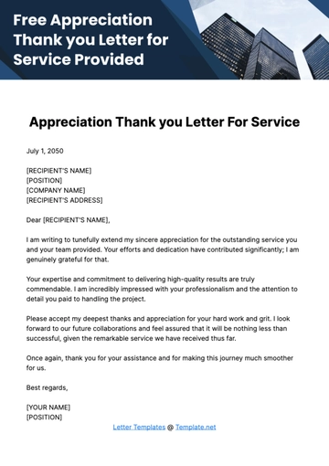 Free Appreciation Thank you Letter for Service Provided Template to Edit Online