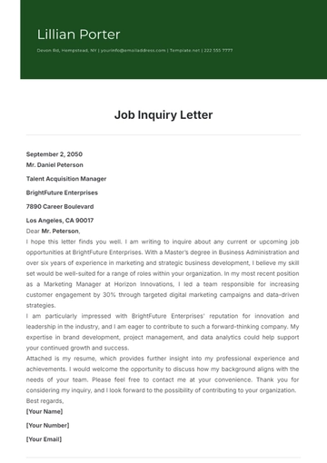 Free Job Inquiry Letter Format Template to Edit Online