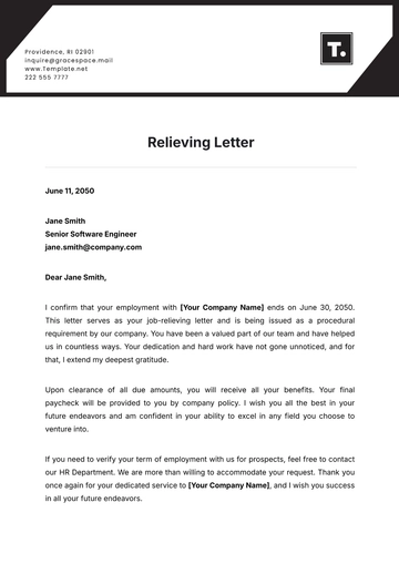 Free Relieving Letter Template to Edit Online