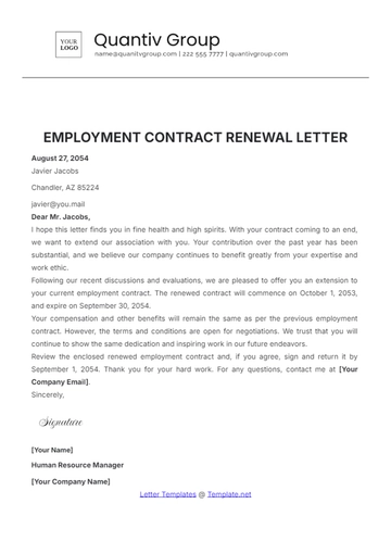 Free Employment Contract Renewal Letter Template to Edit Online