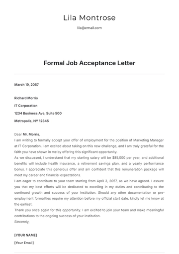 Free Formal Job Acceptance Letter Template to Edit Online