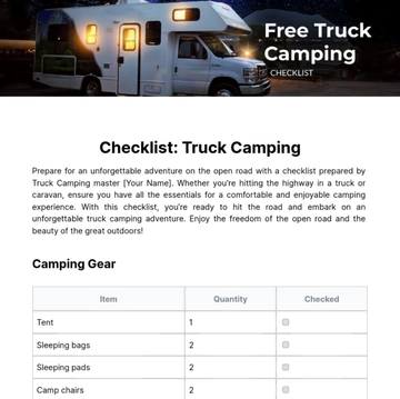 Free Truck Camping Checklist Template to Edit Online