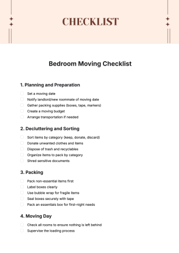 Free Bedroom Moving Checklist Template to Edit Online