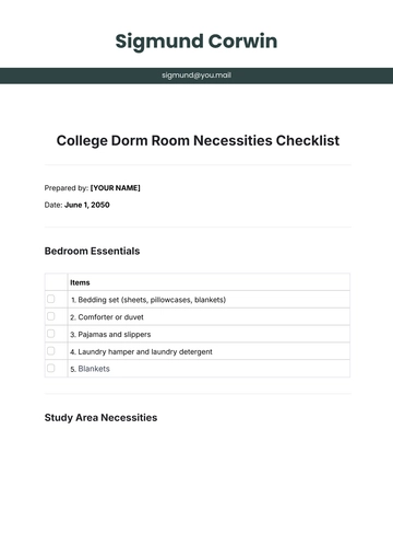 Free College Dorm Room Necessities Checklist Template to Edit Online