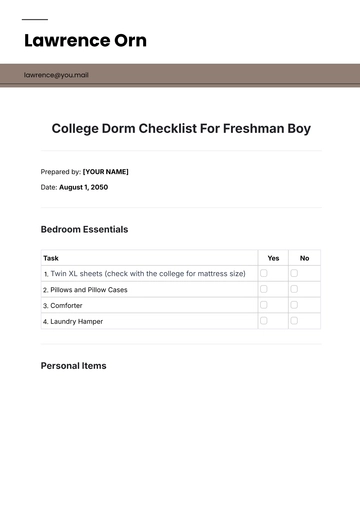 Free College Dorm Checklist For Freshman Boy Template to Edit Online