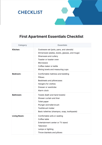 Free First Apartment Essentials Checklist Template to Edit Online