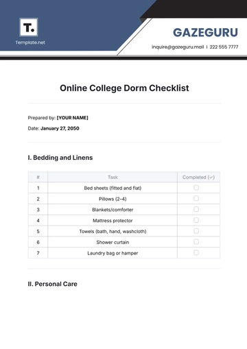 Free Online College Dorm Checklist Template to Edit Online