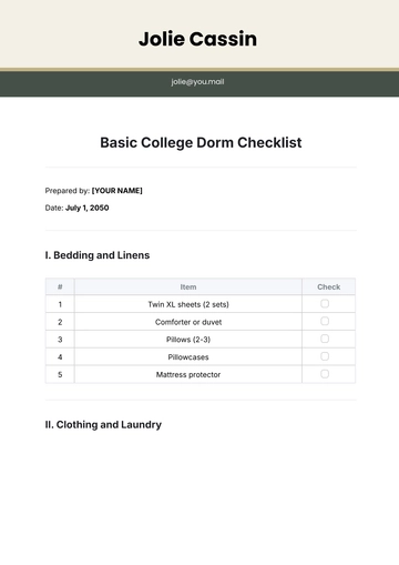 Free Basic College Dorm Checklist Template to Edit Online