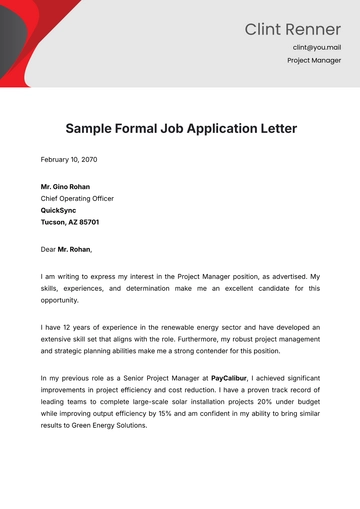 Free Sample Formal Job Application Letter Template to Edit Online