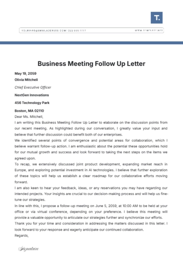 Free Business Meeting Follow Up Letter Template to Edit Online
