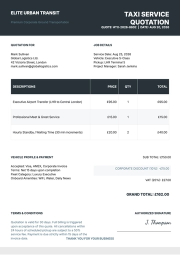 Taxi Quotation Template in Excel, Apple Numbers, PDF, Apple Pages, Google Sheets, Word, Google Docs - Download