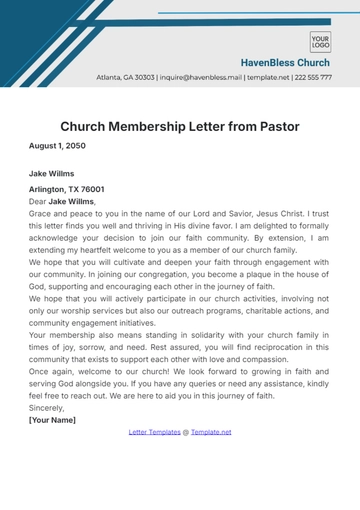 Free Church Membership Letter from Pastor Template to Edit Online