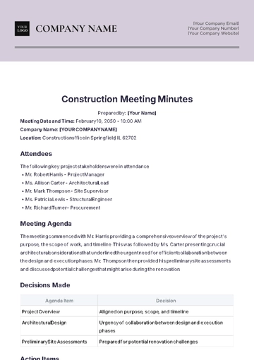 Free Construction Meeting Minutes Template to Edit Online