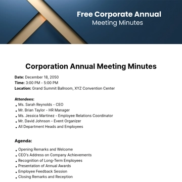 Free Corporate Annual Meeting Minutes  Template to Edit Online