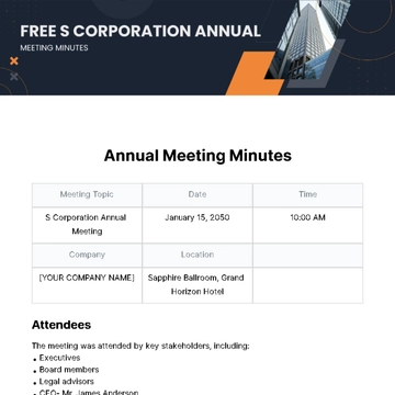 Free S Corporation Annual Meeting Minutes  Template to Edit Online