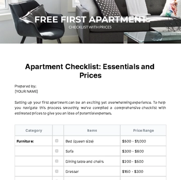 Free First Apartment Checklist With Prices Template to Edit Online
