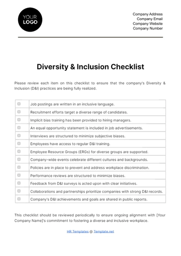 Free Diversity & Inclusion Checklist HR Template to Edit Online