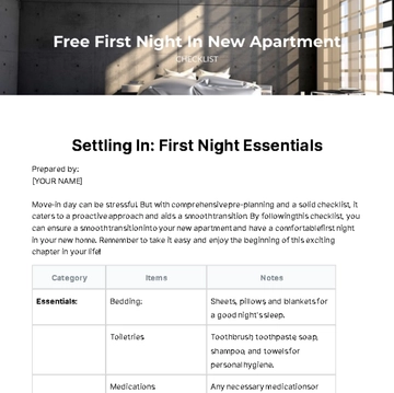 Free First Night In New Apartment Checklist Template to Edit Online