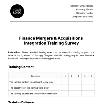 Free Finance Mergers & Acquisitions Integration Training Survey Template to Edit Online
