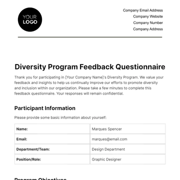 Free Diversity Program Feedback Questionnaire HR Template to Edit Online