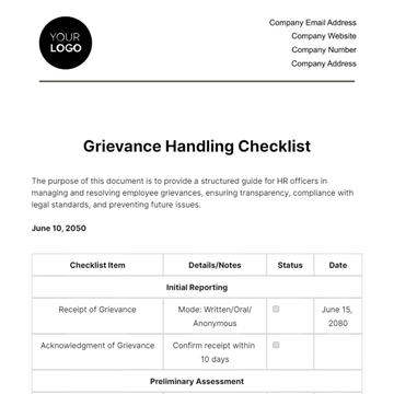 Free Grievance Handling Checklist HR Template to Edit Online