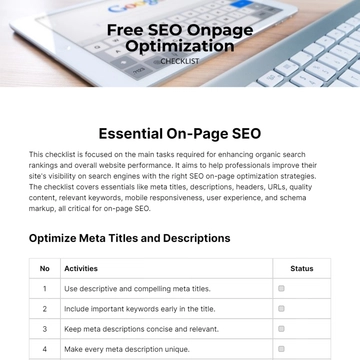 Free SEO Onpage Optimization Checklist Template to Edit Online