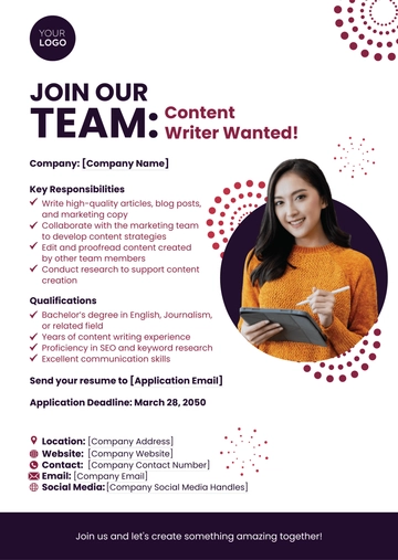 Free Content Writer Job Ad Template to Edit Online