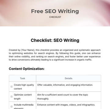 Free SEO Writing Checklist Template to Edit Online
