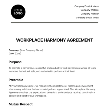 Free Workplace Harmony Agreement HR Template to Edit Online