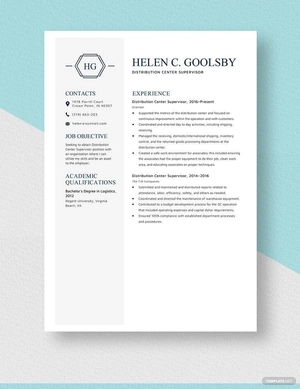 Distribution Center Supervisor Resume