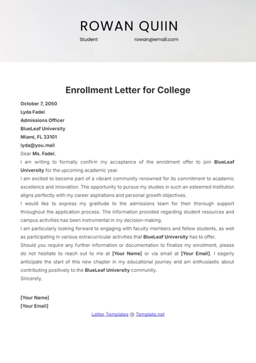 Free Enrollment Letter for College Template to Edit Online