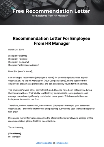 Free Recommendation Letter for Employee from HR Manager Template to Edit Online