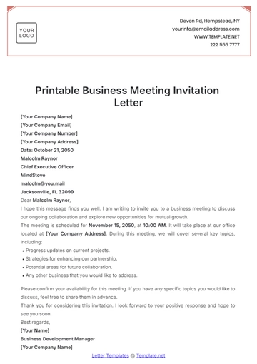 Free Printable Business Meeting Invitation Letter Template to Edit Online