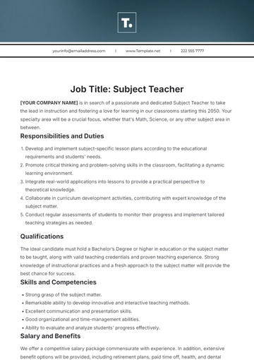 Free Subject Teacher Job Description Template to Edit Online