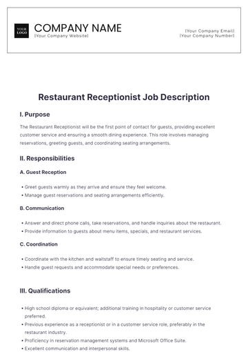 Free Restaurant Receptionist Job Description Template to Edit Online