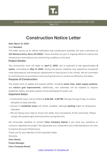 Free Construction Notice Letter Template to Edit Online