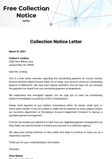Free Collection Notice Letter Template to Edit Online