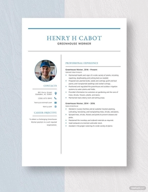 Greenhouse Worker Resume